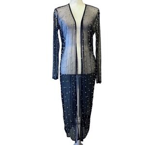 CHIC BUMP CLUB Pearl Embellished Sheer Duster Cardigan Jacket  S/M Black Mesh